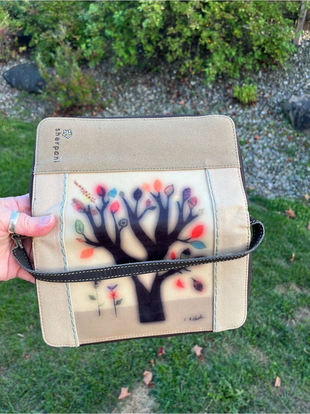 Vintage Sherpani Beige Canvas Crossbody Bag with Tree Art Panel